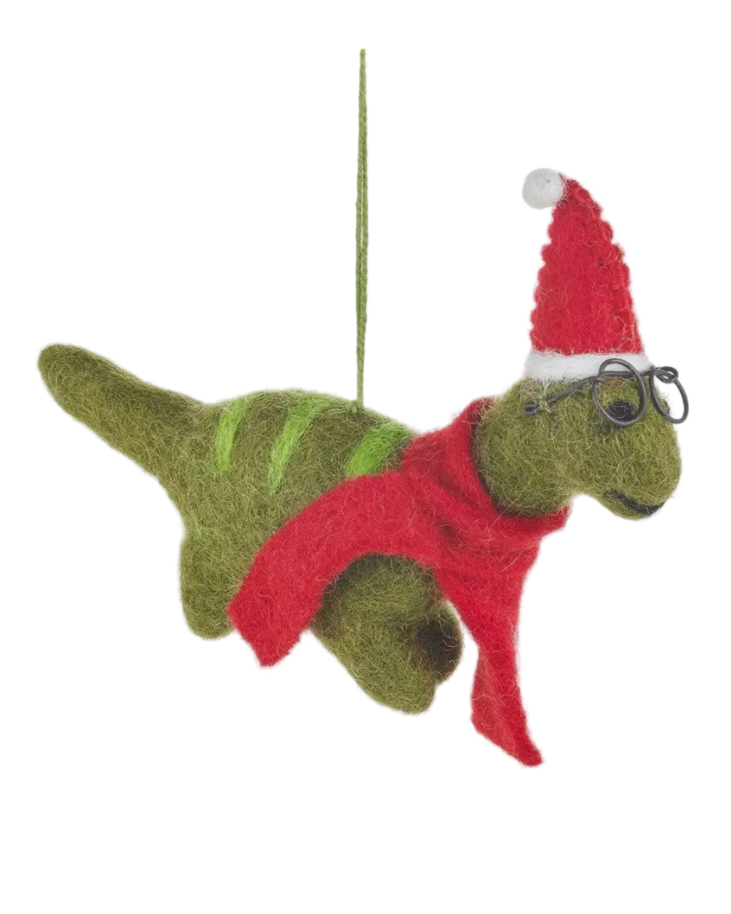 Green dinosaur ornament with a red scarf and Santa hat on a white background