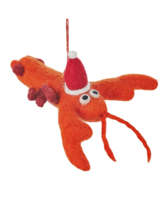 Felted lobster ornament wearing a Santa hat on a white background