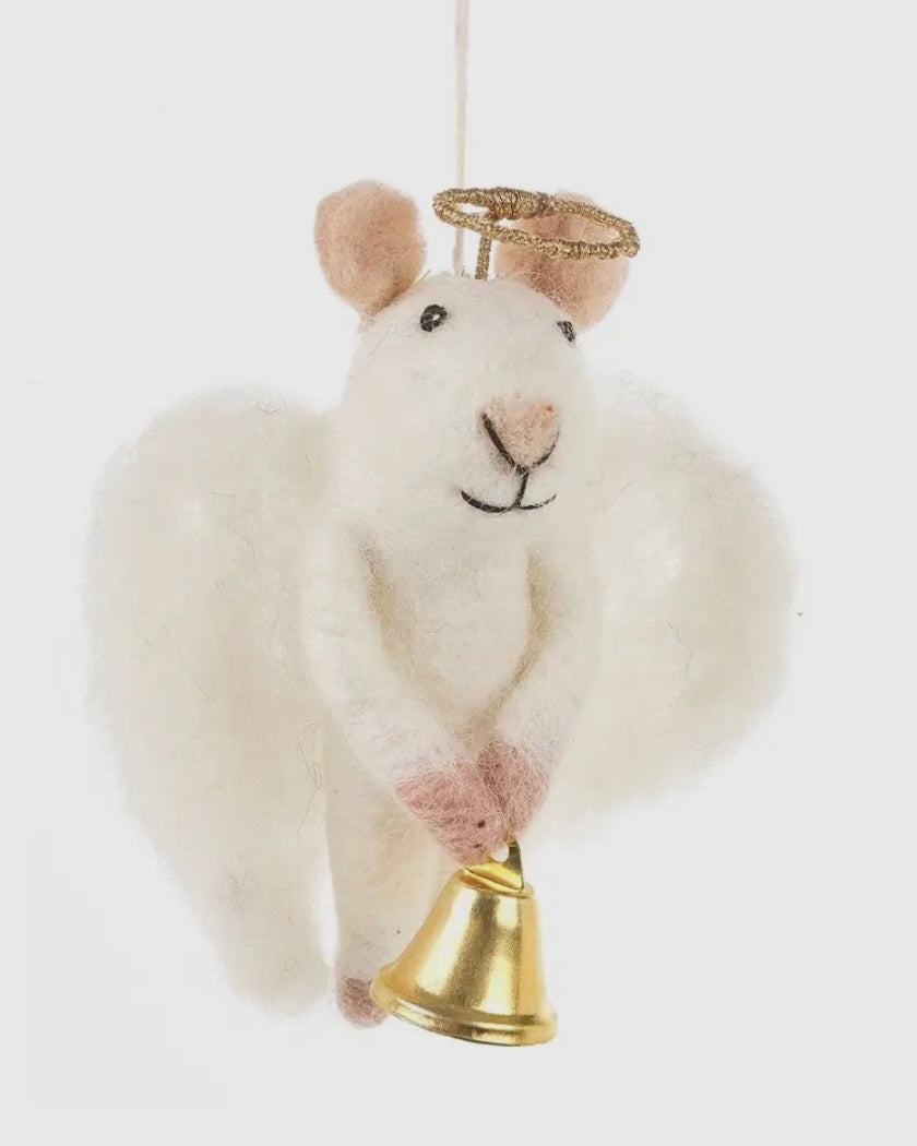 White mouse felt decoration with a gold bell and angel wings on a white background