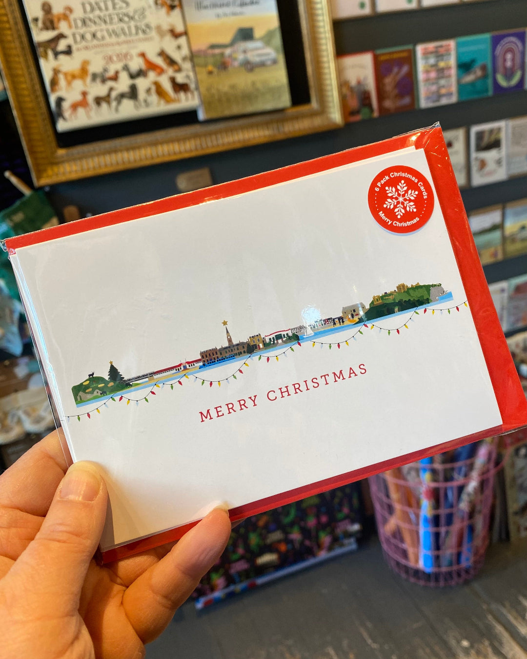 Christmas card pack with a Stonehaven skyline illustration and 'Merry Christmas' text, held in front of a bookshelf.