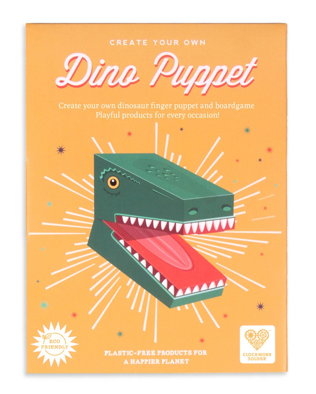 Dinosaur finger puppet kit packaging with a green dinosaur illustration on an orange background.