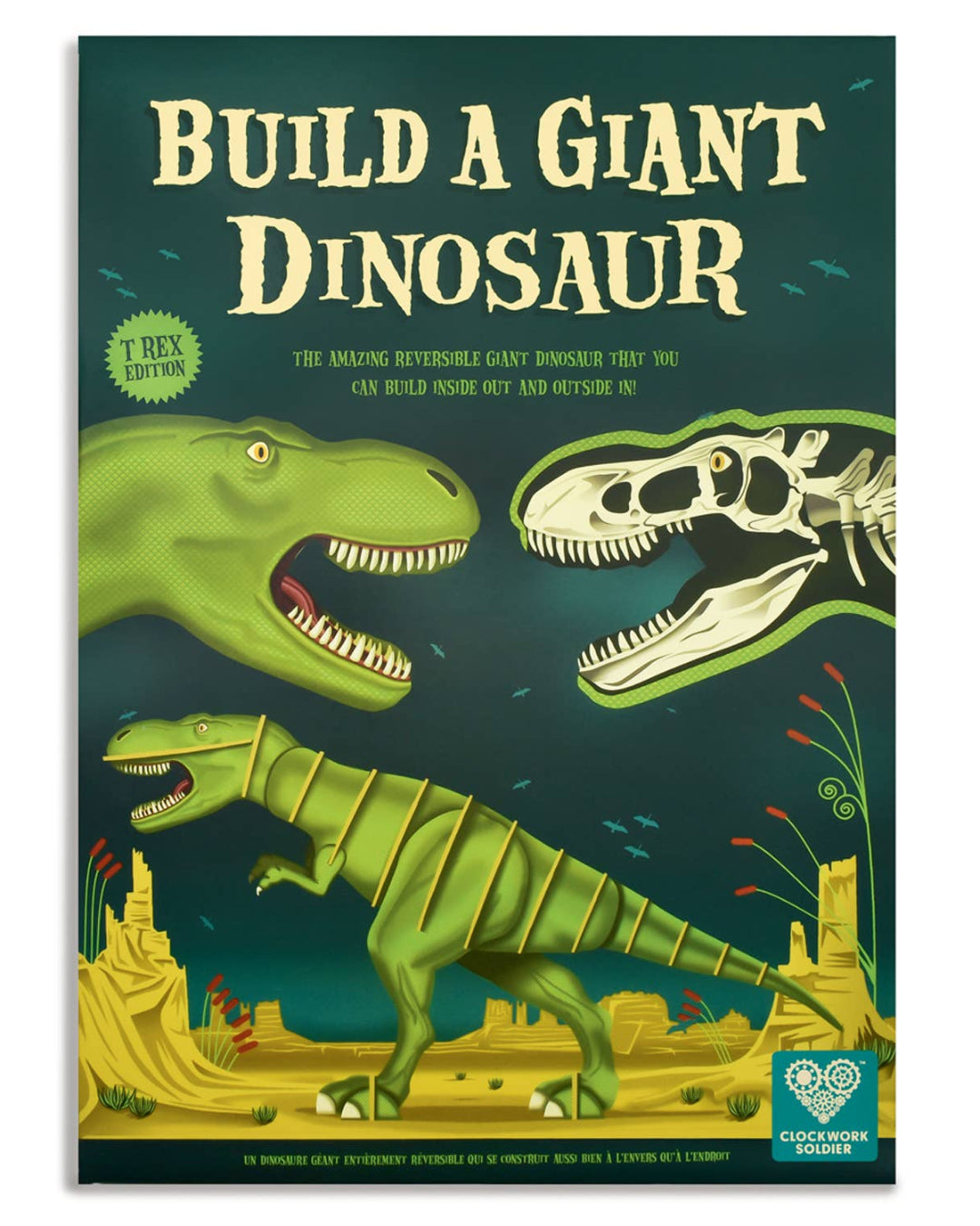 Package of 'Build a Giant Dinosaur' with illustrations of a dinosaur and its skeleton.