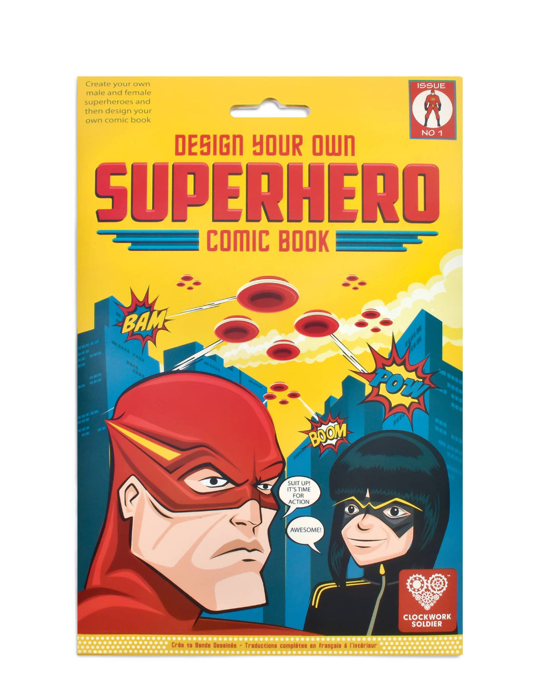 Design your own superhero comic book packaging with two superhero characters on a yellow background.