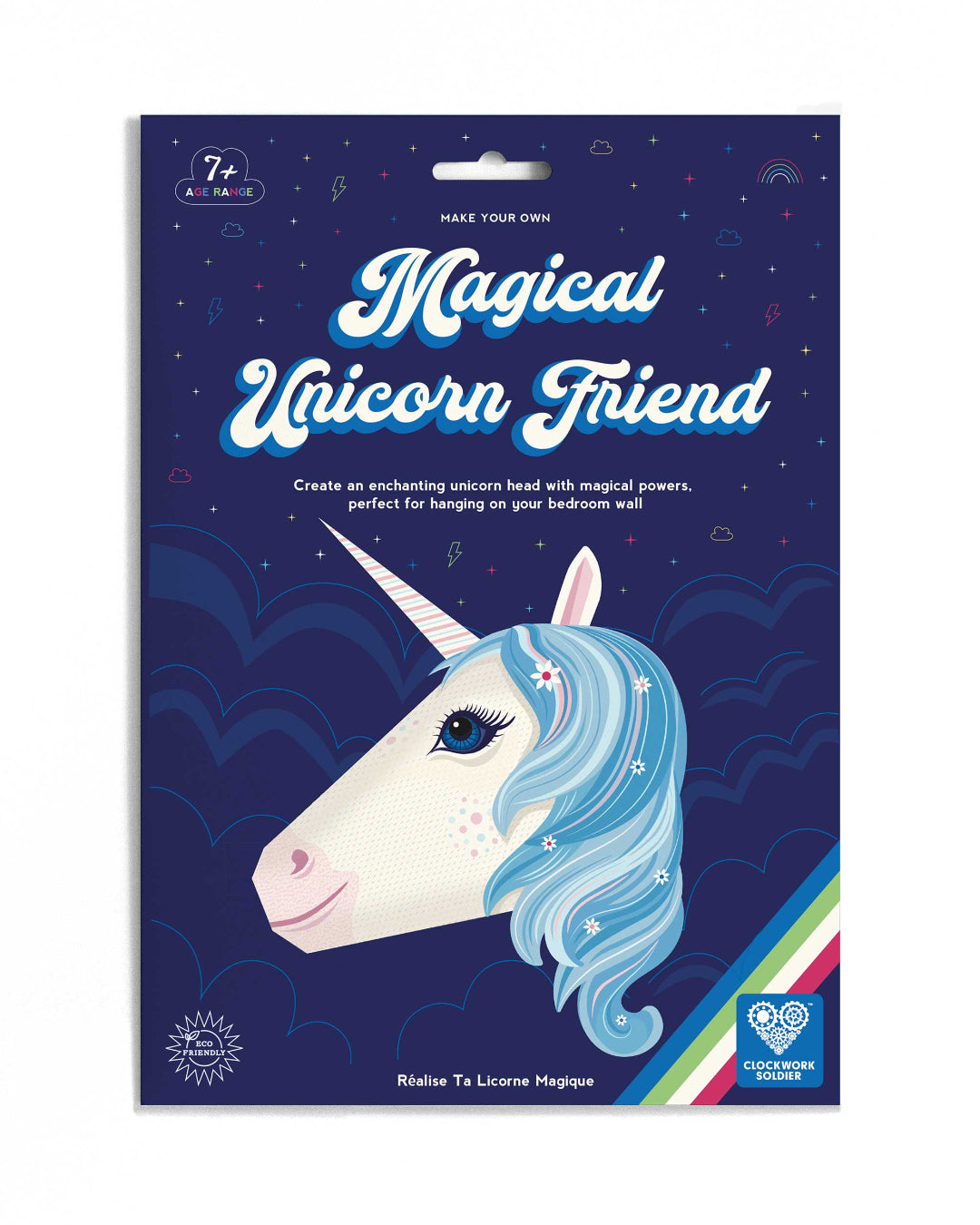 Packaged 'Make Your Own Magical Unicorn Friend' craft kit with a unicorn illustration on a blue background.