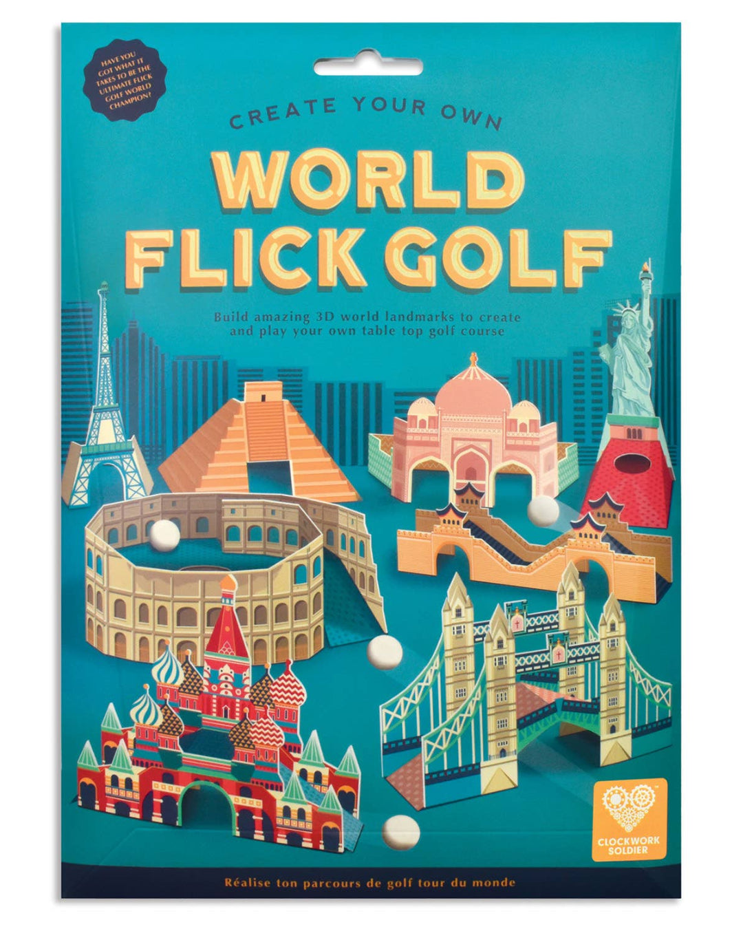 World Flick Golf packaging with various landmarks on a blue background