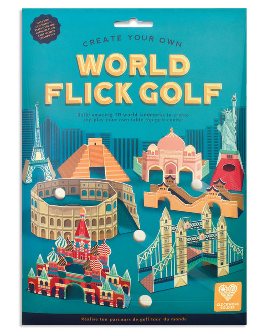 World Flick Golf packaging with various landmarks on a blue background