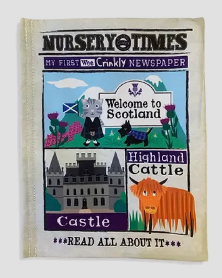Children's soft crinkly newspaper with Scottish-themed illustrations on a white background