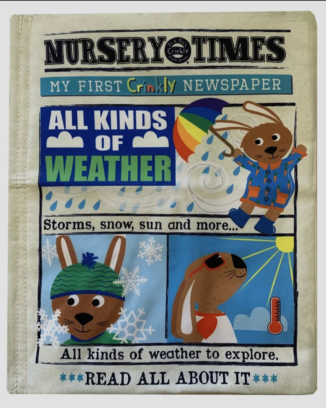 Children's soft crinkly book titled 'All Kinds of Weather' from 'Nursery Times' with cartoon animals and weather-themed illustrations.