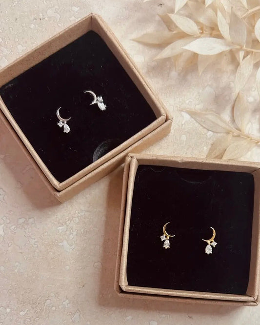 Crescent Moon Droplet Stud Earrings