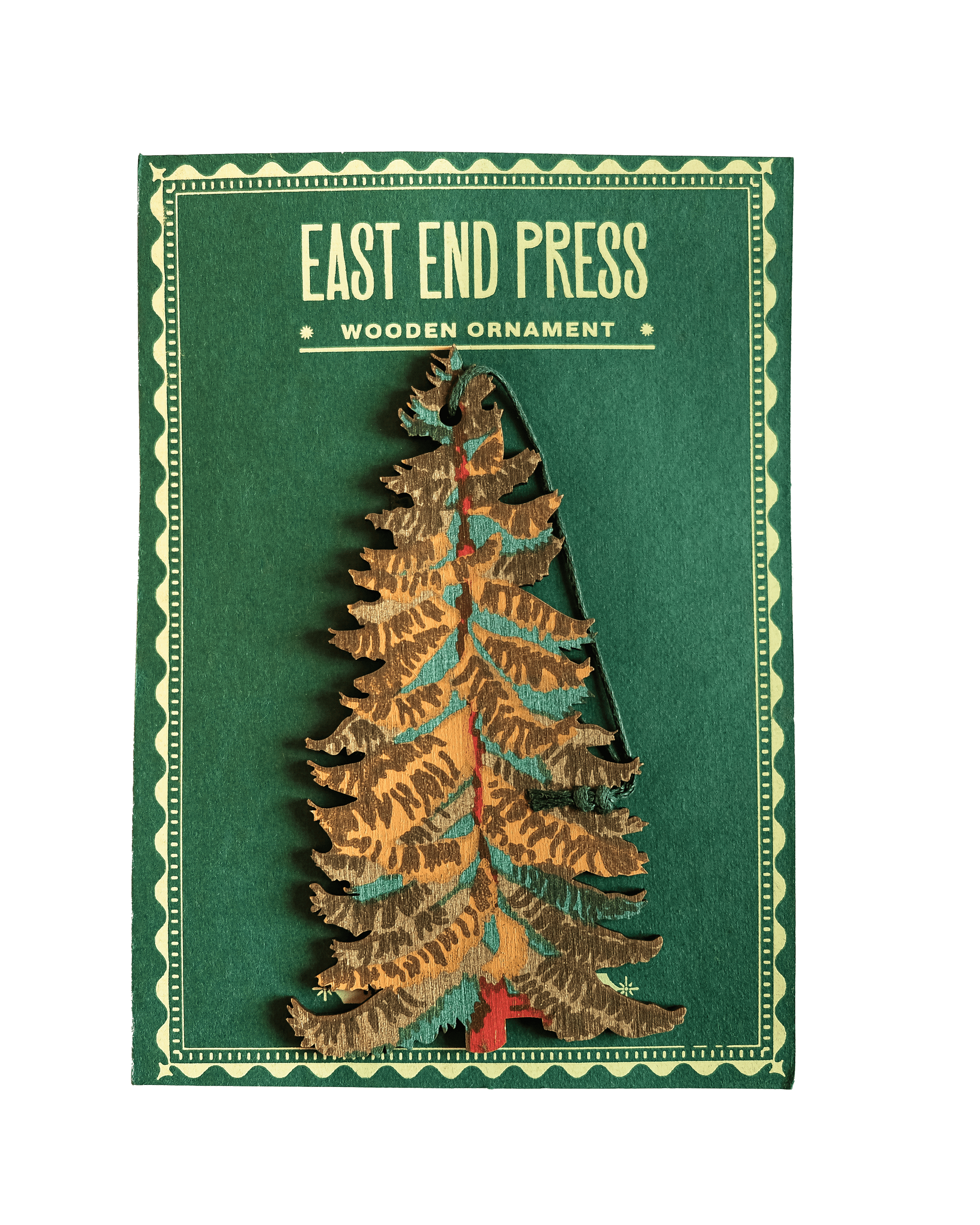 Wooden Christmas tree ornament with 'East End Press' branding on a green background