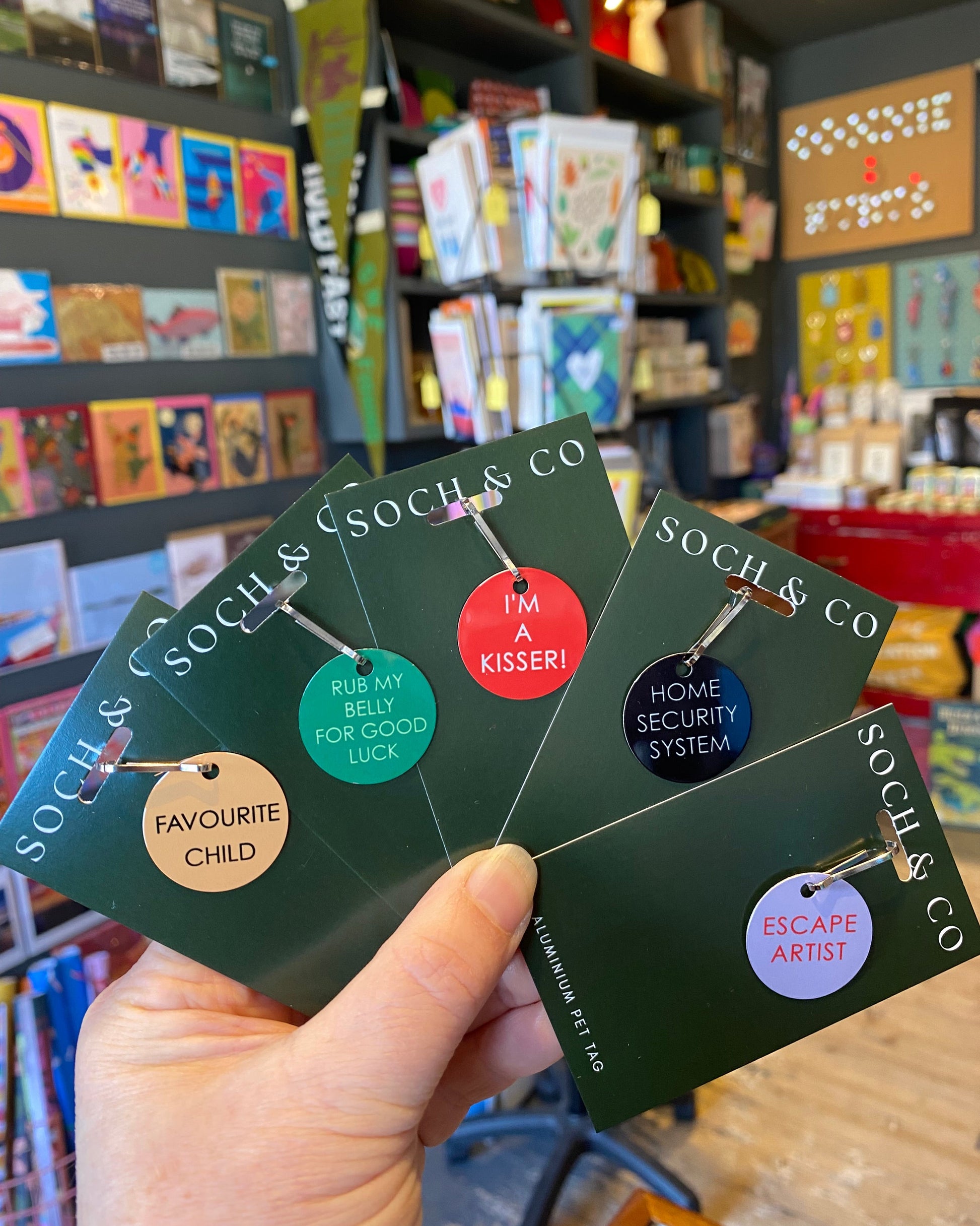 Hand holding five pet tags on green backing card with various designs and text, with a store interior in the background.