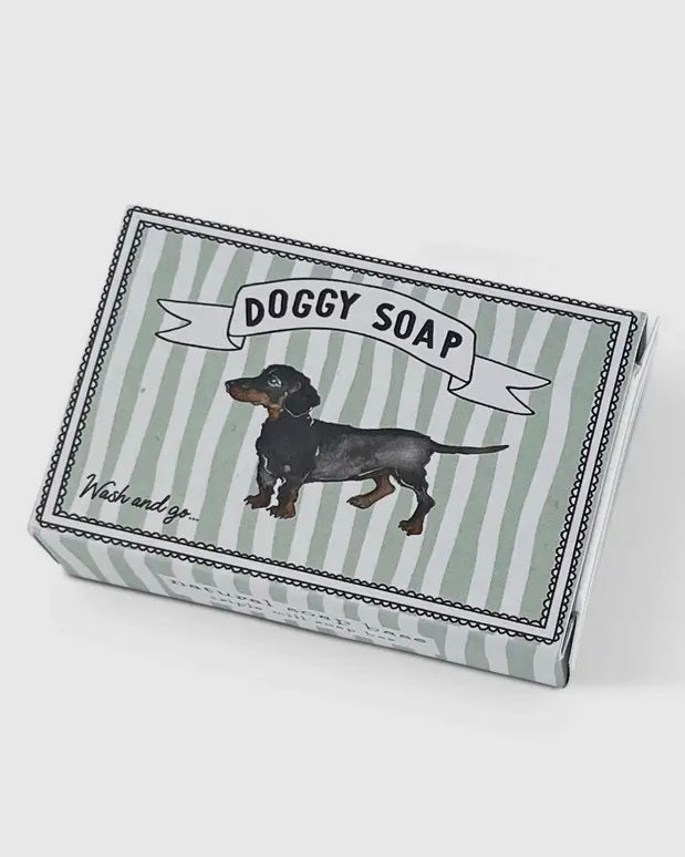 Doggy soap bar with a striped packaging design on a white background