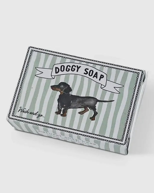 Doggy soap bar with a striped packaging design on a white background