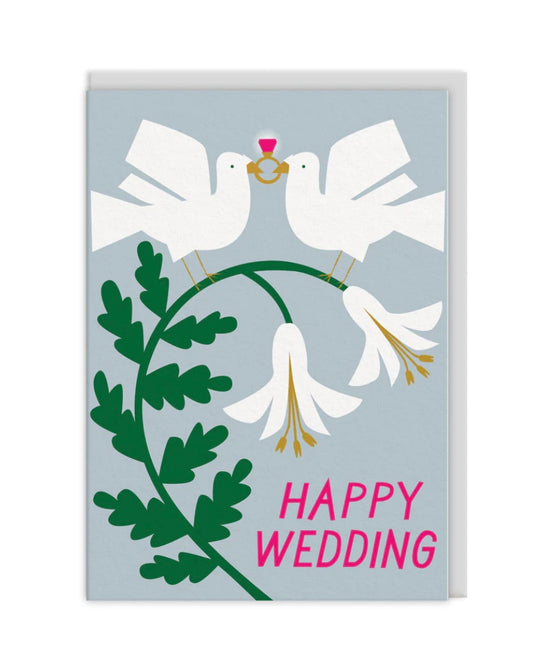 Card with two white doves holding a ring, surrounded by flowers and leaves, on a light blue background with 'Happy Wedding' text.
