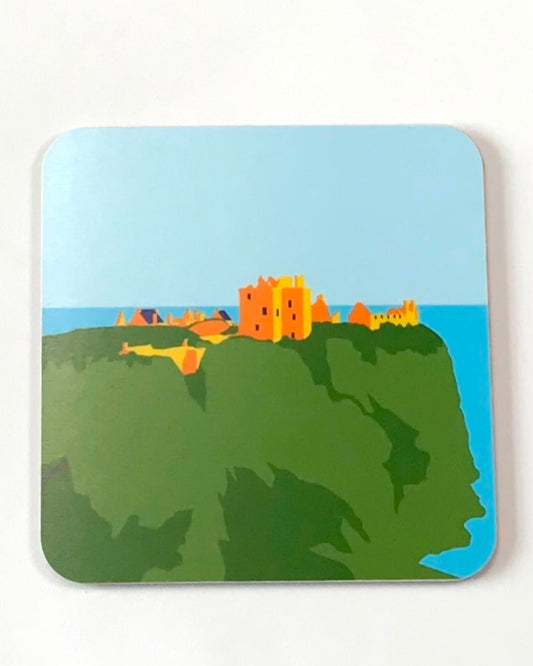 Square coaster with a colourful graphic illustration of Dunnottar Castle, on a white background.