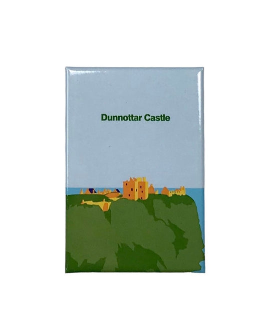 Rectangular magnet with a colourful graphic illustration of Dunnottar Castle and corresponding text, on a white background.
