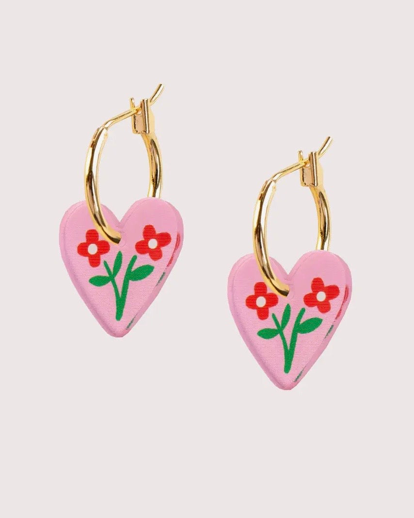 Heart Floral Charm Hoop Earrings