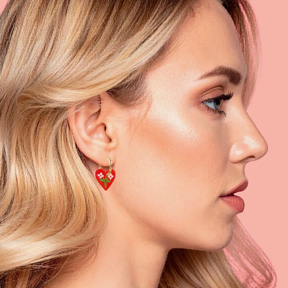 Heart Floral Charm Hoop Earrings