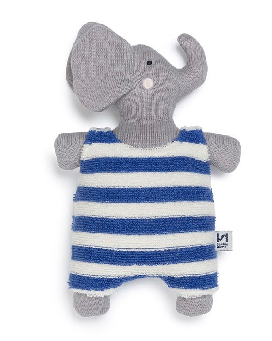 Grey elephant beanbag toy with a blue and white striped outfit on a white background.