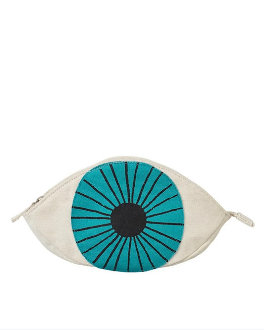 Blue eye shaped pouch on a white background