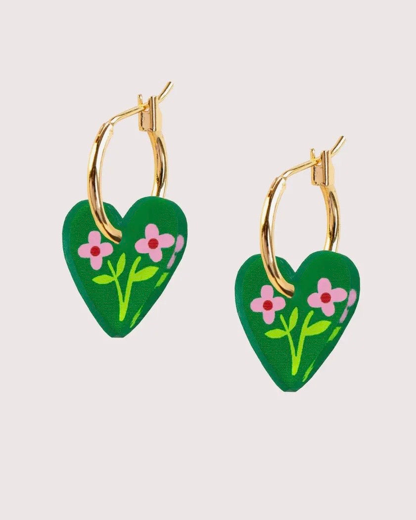 Heart Floral Charm Hoop Earrings