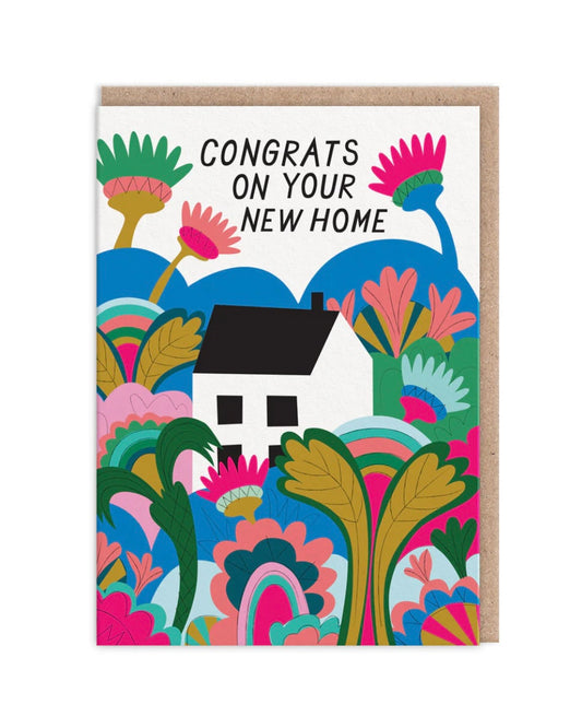 Greeting card with colorful floral design and 'Congrats on your new home' text