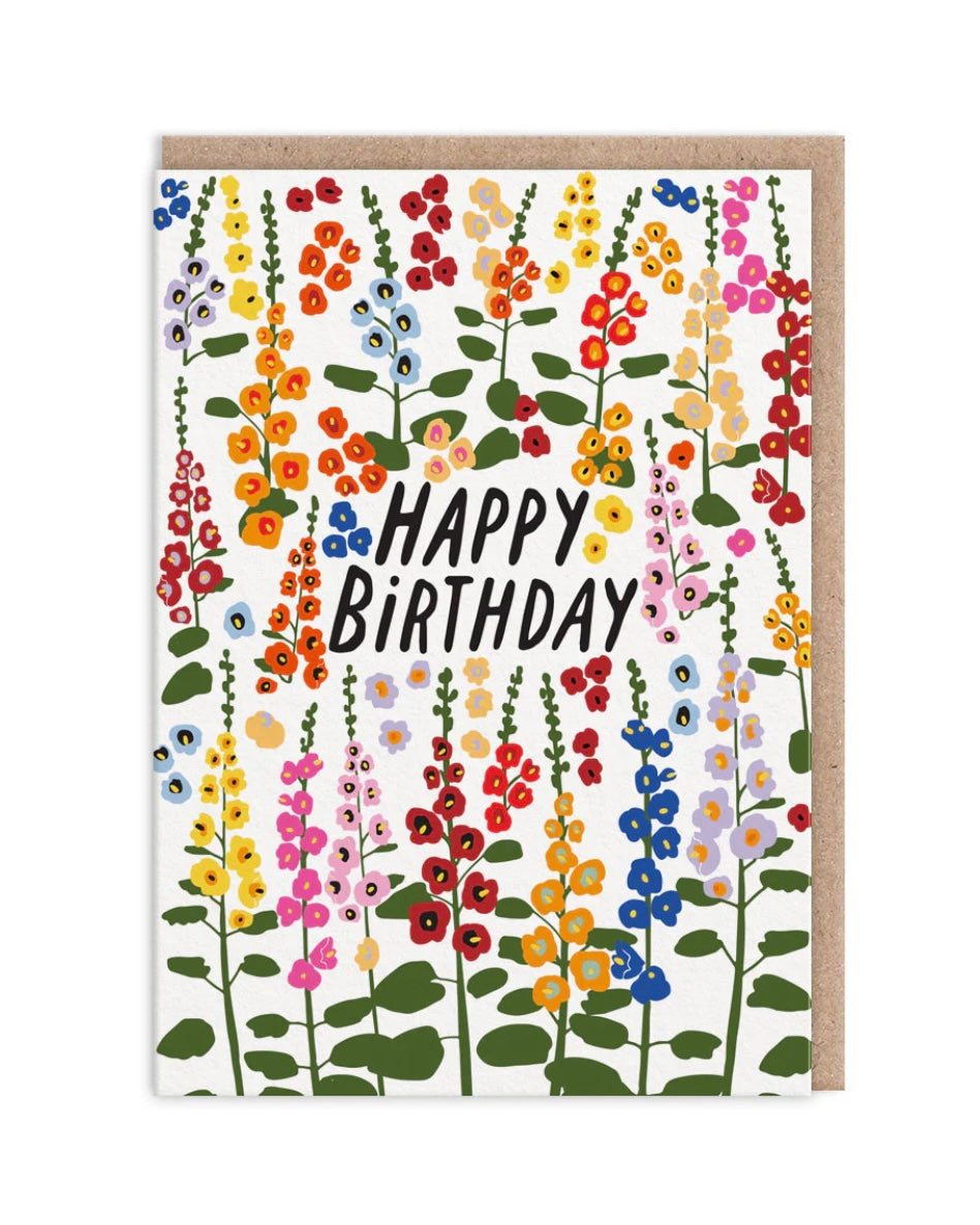 Greeting card with colorful floral design and 'Happy Birthday' text on a white background