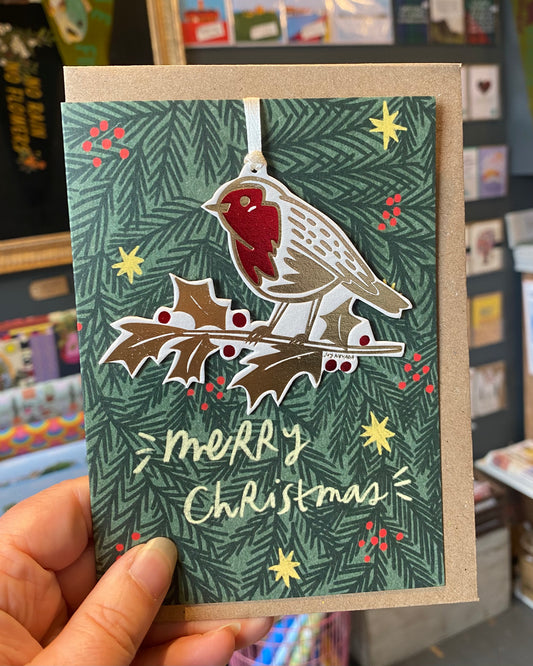 Christmas Card with Robin Hanging Decoration