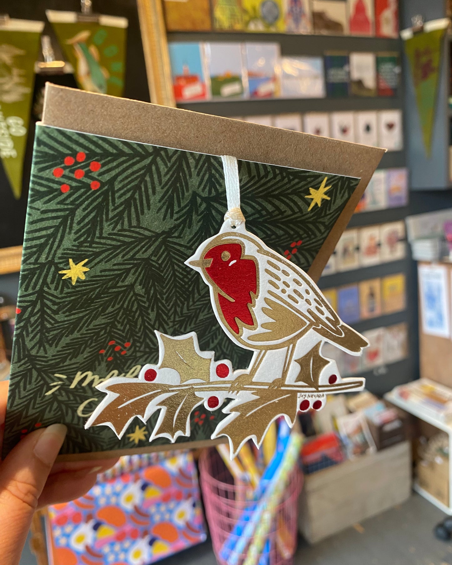 Christmas Card with Robin Hanging Decoration