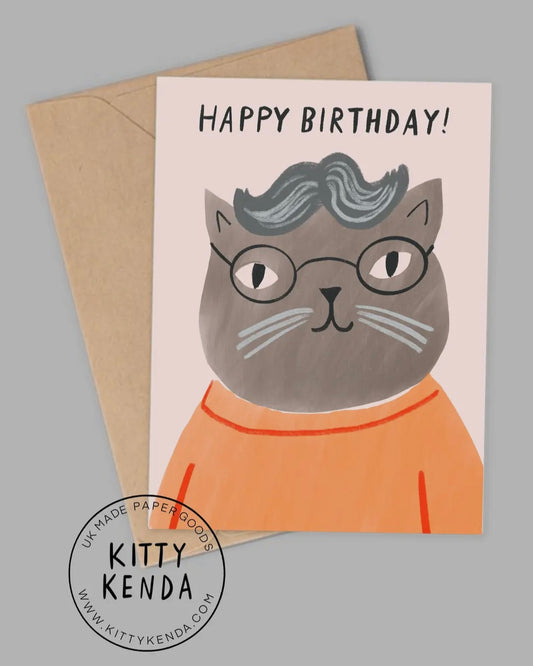Grey Glasses Cat Birthday Card