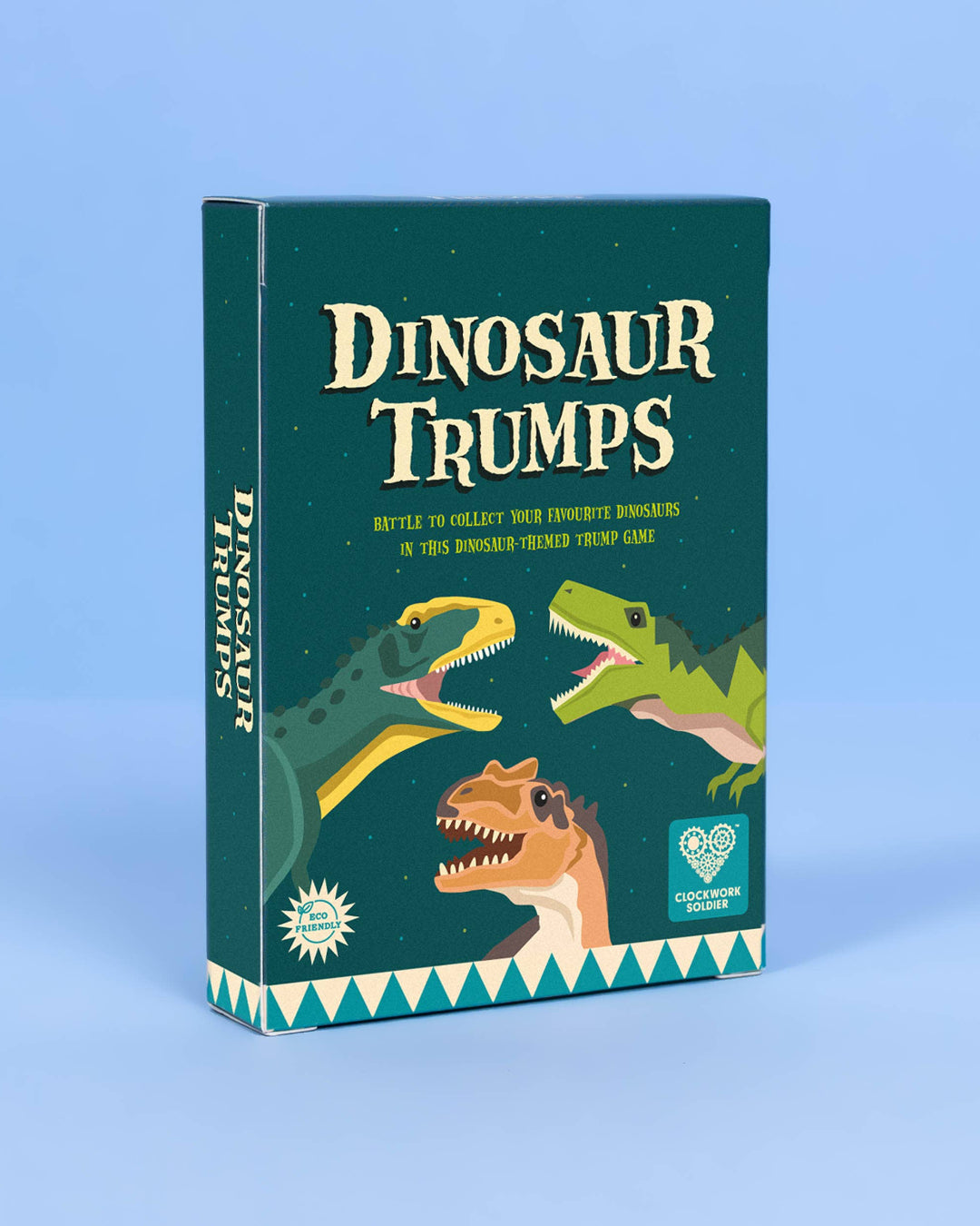 Box of 'Dinosaur Trumps' game on a blue background