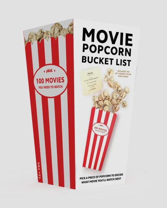 Movie popcorn bucket list with red and white striped design on a white background