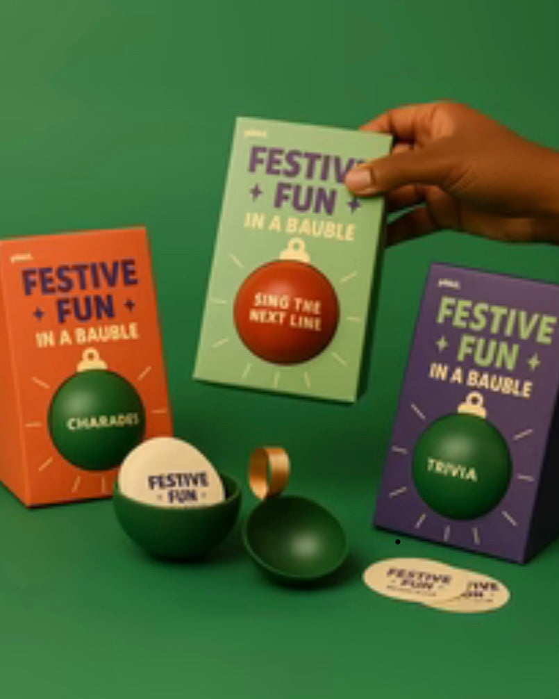 Festive fun baubles including an open green bauble and cards on a green background