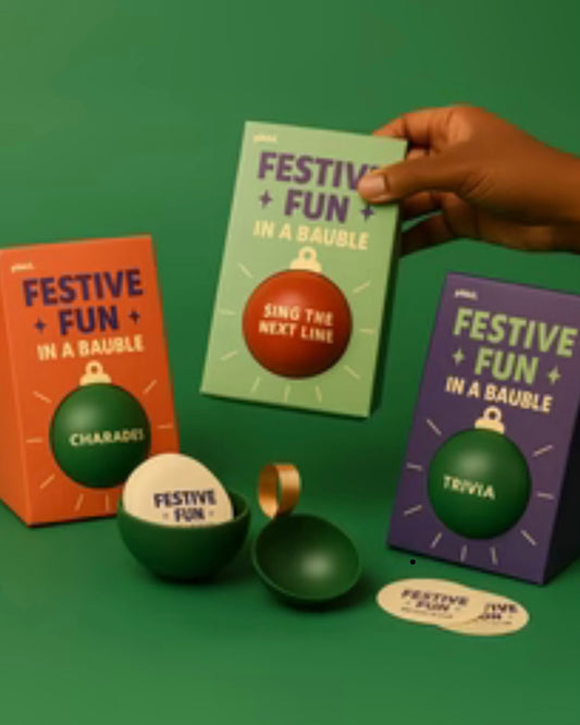 Festive fun baubles including an open green bauble and cards on a green background