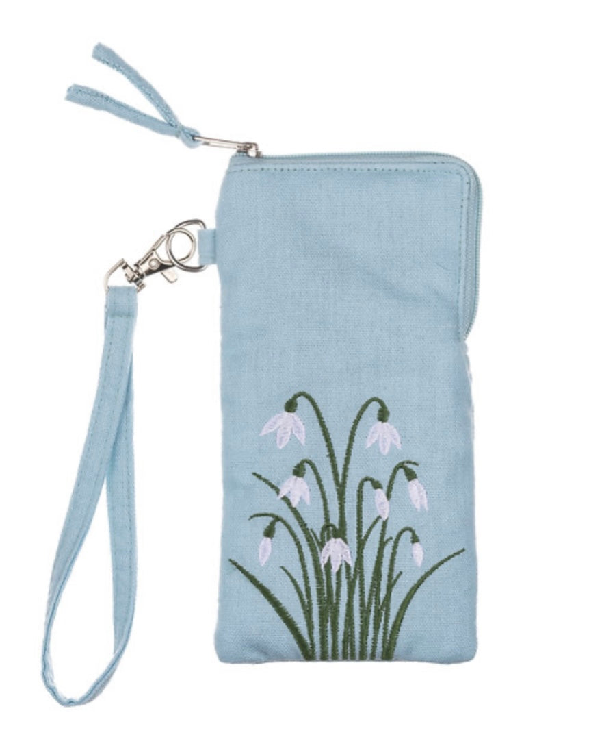 Light blue glasses pouch with floral snowdrop design on a white background
