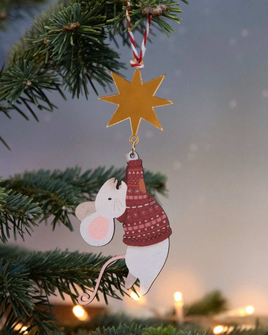Hanging Mouse Wooden Christmas Decoration-Dapple & Dot-My Beautiful Caravan