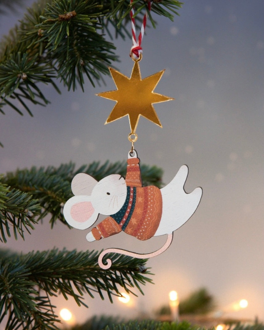 Hanging Mouse Wooden Christmas Decoration-Dapple & Dot-My Beautiful Caravan