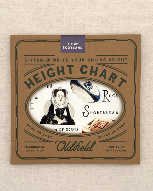 Height chart packaging with vintage design elements on a textured beige background