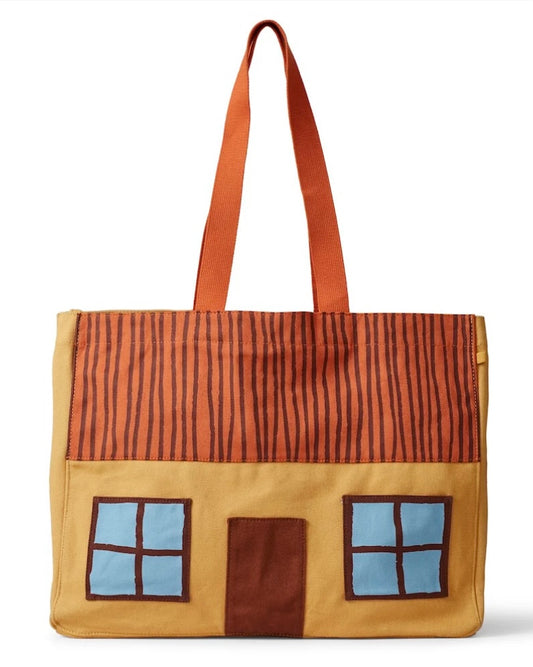 Large shopping bag with straps, designed to look like a cottage with roof, windows & door. 