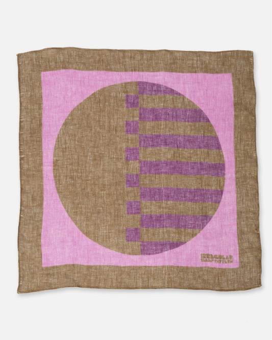 Colourful purple, pink & brown linen napkin or neck scarf with a circular design
