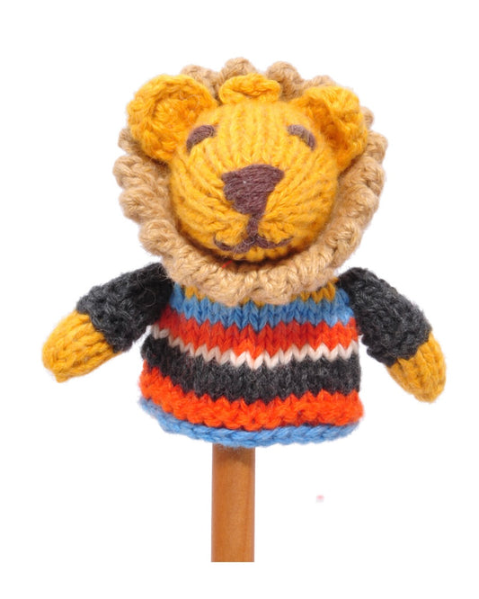 Knitted lion finger puppet toy with a colourful sweater, against a white background.