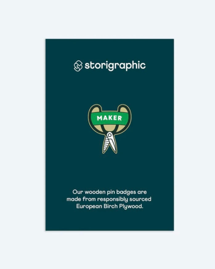 ‘Maker’ Scissors Wooden Pin Badge-Storigraphic-