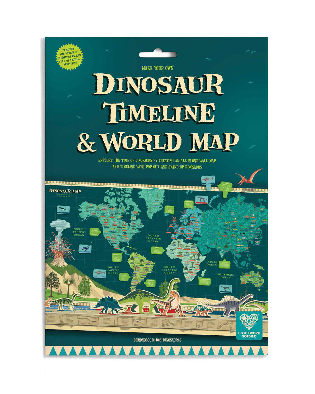Packaged dinosaur timeline and world map set on a white background
