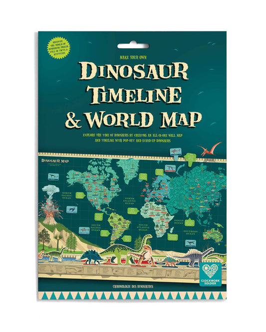 Packaged dinosaur timeline and world map set on a white background