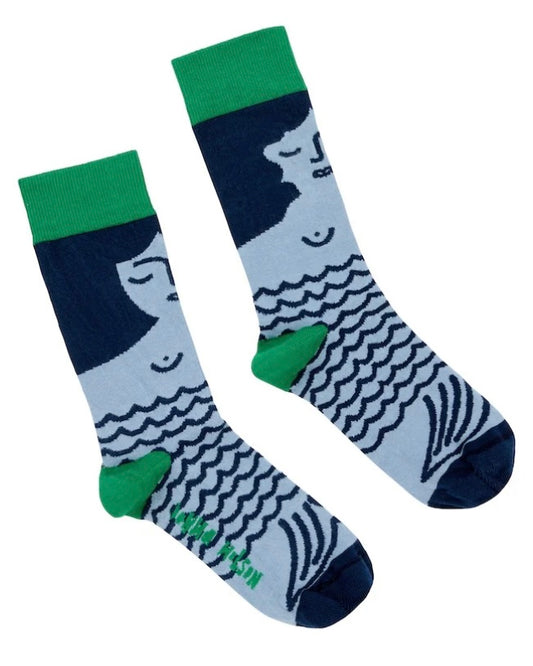 Ladies socks with blue mermaid design and green heels & cuffs, on a white background