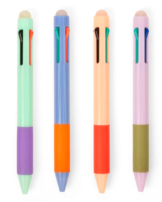 A set of four multicolour erasable pens with retractable tips, including red, green, blue, and black. Each pen has a soft grip cap and is refillable.