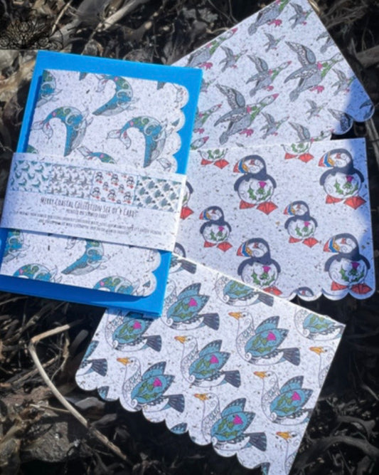 Set of note cards with puffin, seagull, whale & goose designs, on a natural background