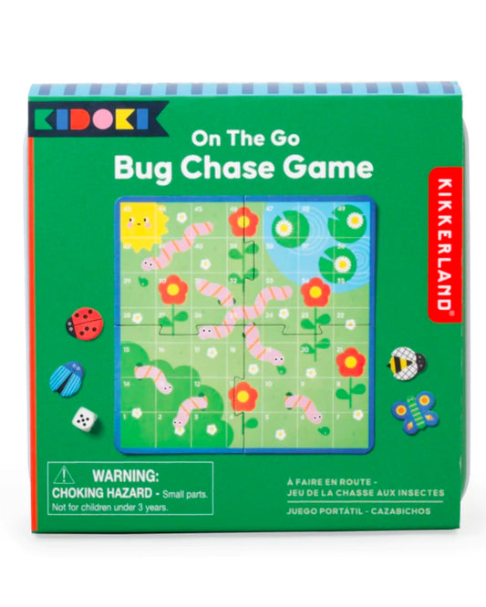 Packaged 'On The Go Bug Chase Game' by Kikkerland, showing the game board and components, with a green background and decorative elements in red and yellow.