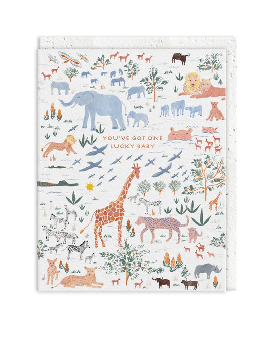 Greeting card for a new baby with animal illustrations and text ‘You’ve got one lucky baby’ on a white background.