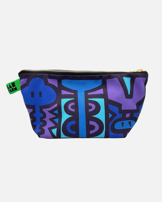 Colourful  patterned pouch with a green tag on a white background